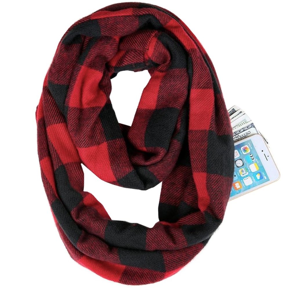 Red & Black Plaid Infinity Scarf with Hidden Zipper Pocket Scarf